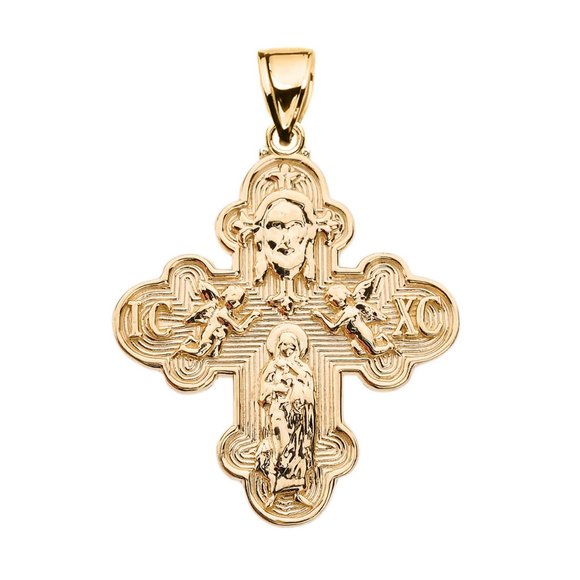 10K Solid Gold Orthodox ICXC Cross (Save Us) Pendant - Yellow Rose White